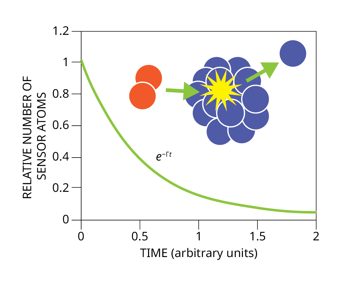 A plot of an exponentially decreasing number of sensor atoms over time.
