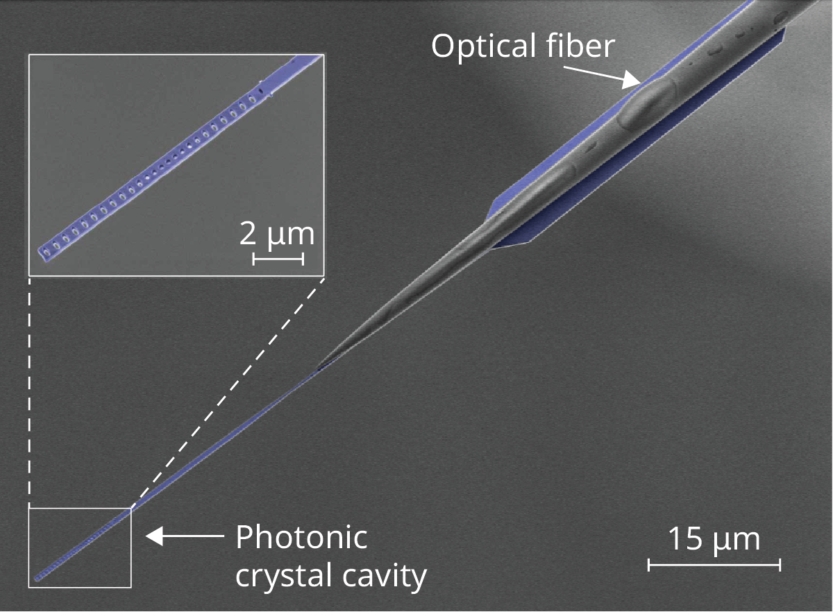 A grayscale image shows a linear trench that serves as a nanoscale wave flume, shaded in purple and spanning from the lower left corner to the upper right corner. An inset at the upper left of the trench shows a line of holes that act as a photonic crystal cavity. An optical fiber that tapers to a point, shown in gray, sits over and touches the trench near its center, pointed toward the photonic crystal cavity.