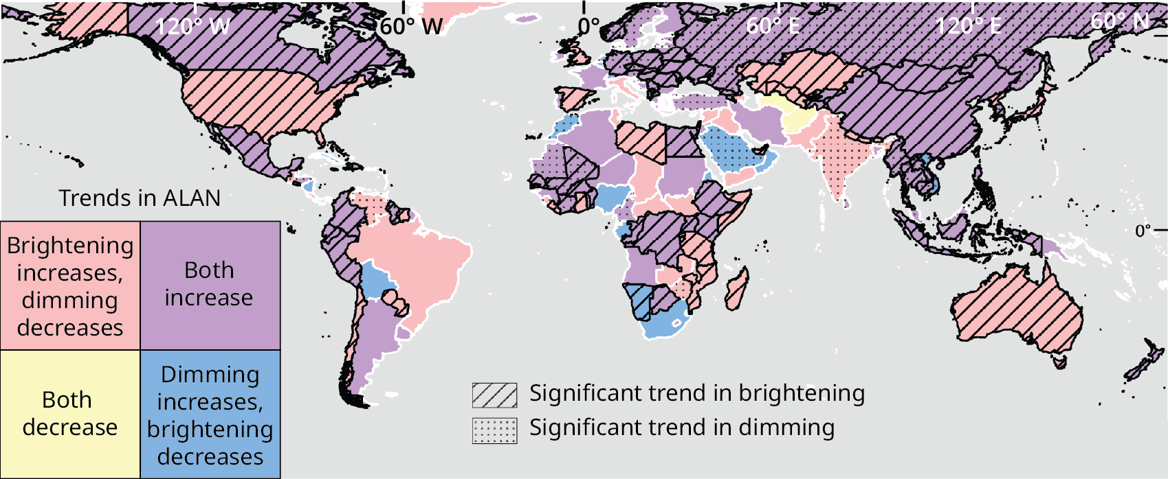 A global map with colors that represent different changes in brightening and dimming.