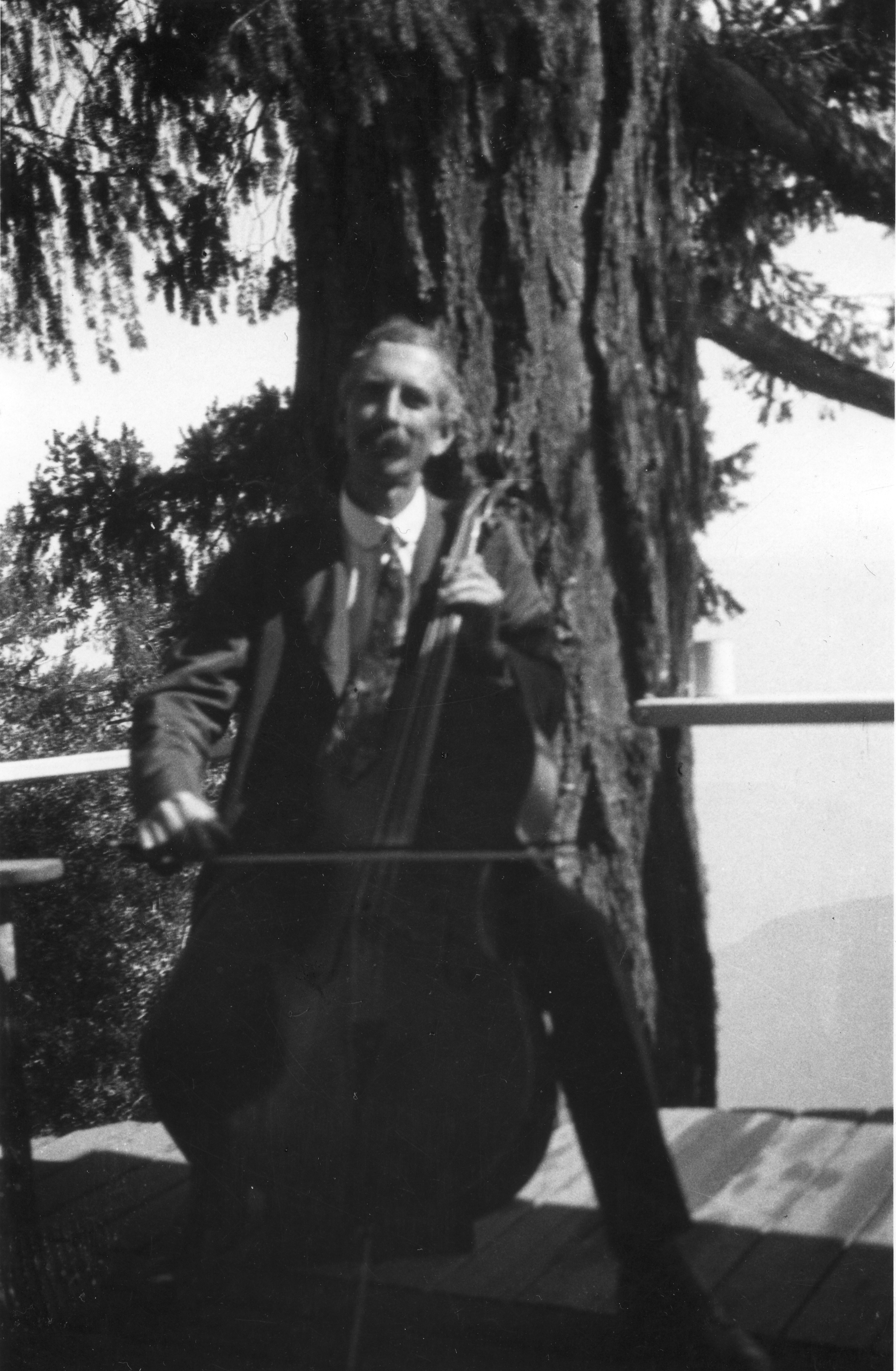 Abbot plays the cello outside with a larger pine tree behind him and a foggy mountain in the background.