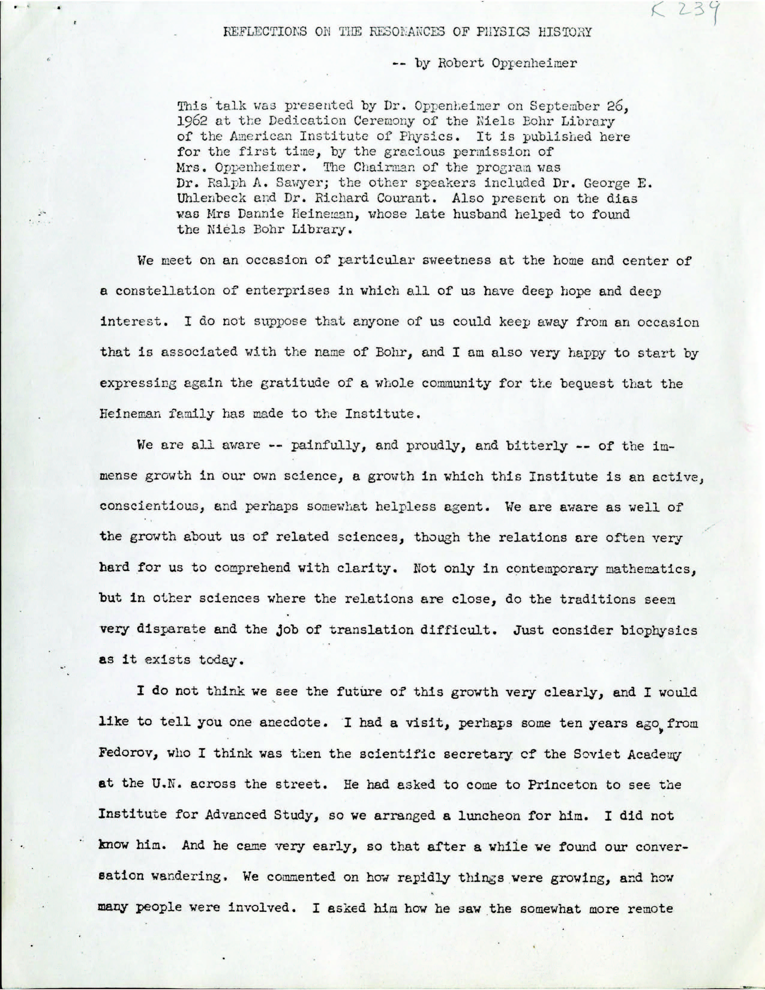 First page of the transcript for Oppenheimer's speech