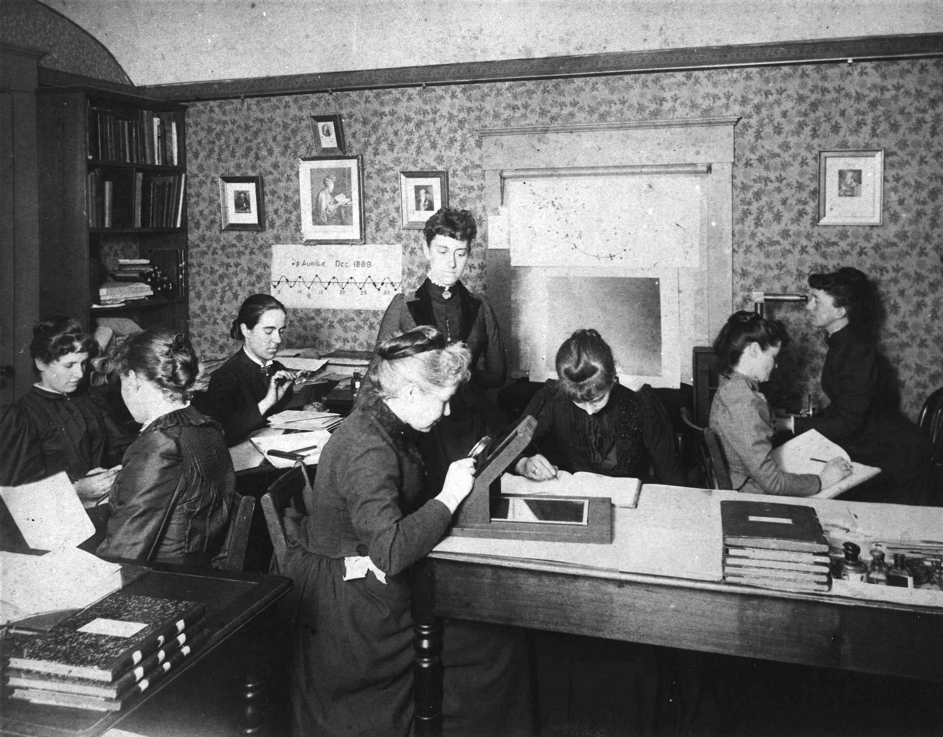 Group of women making calculations and working with books in a room while one woman stands overseeing them.