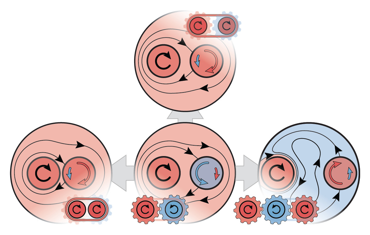 A diagram illustrates how different modes of counterrotation and corotation resemble either the dynamics of a gear or the belt in a pulley system.