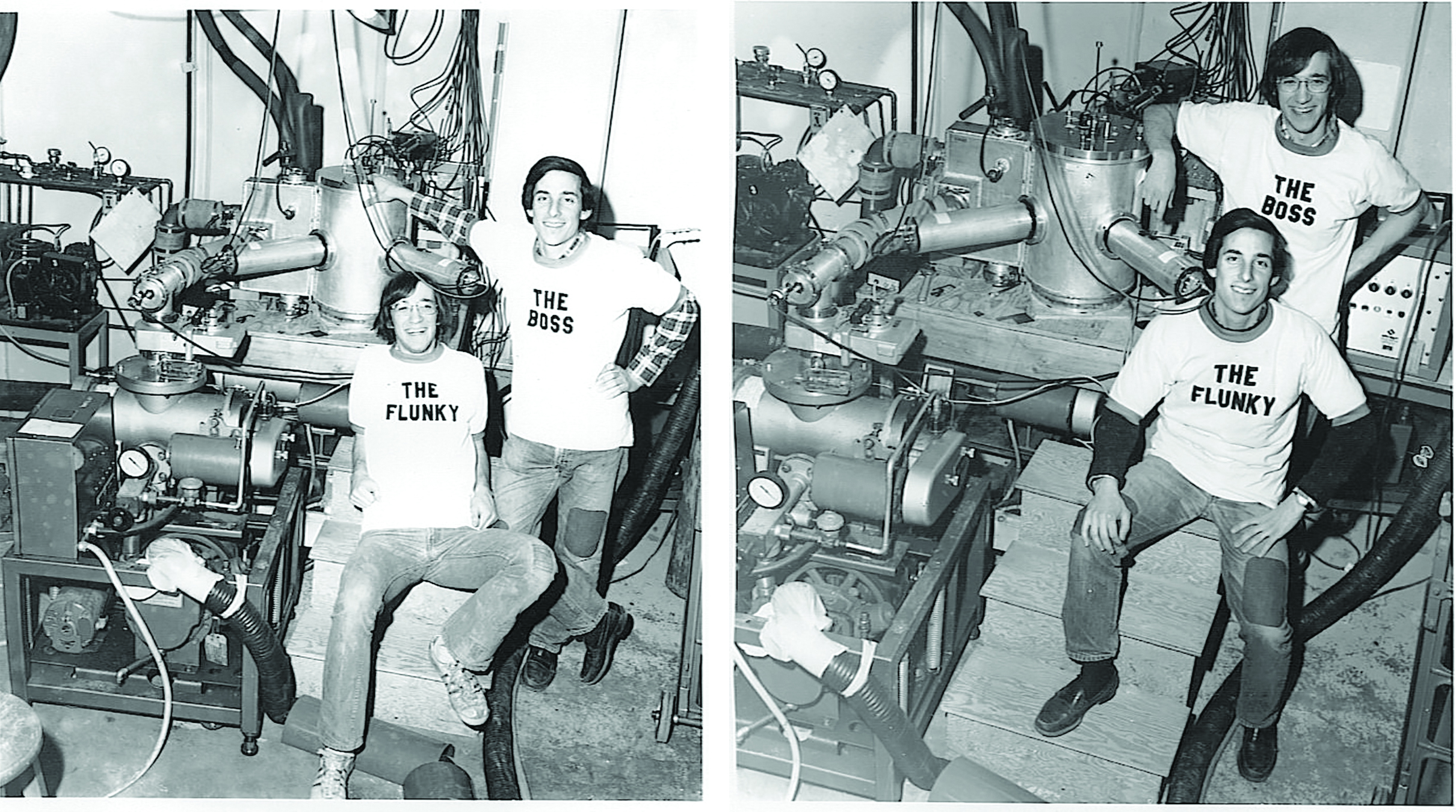 A photo of a man wearing a shirt that says “THE FLUNKY” next to a man wearing a shirt that says the “THE BOSS” is followed by another photo of them having switched shirts.