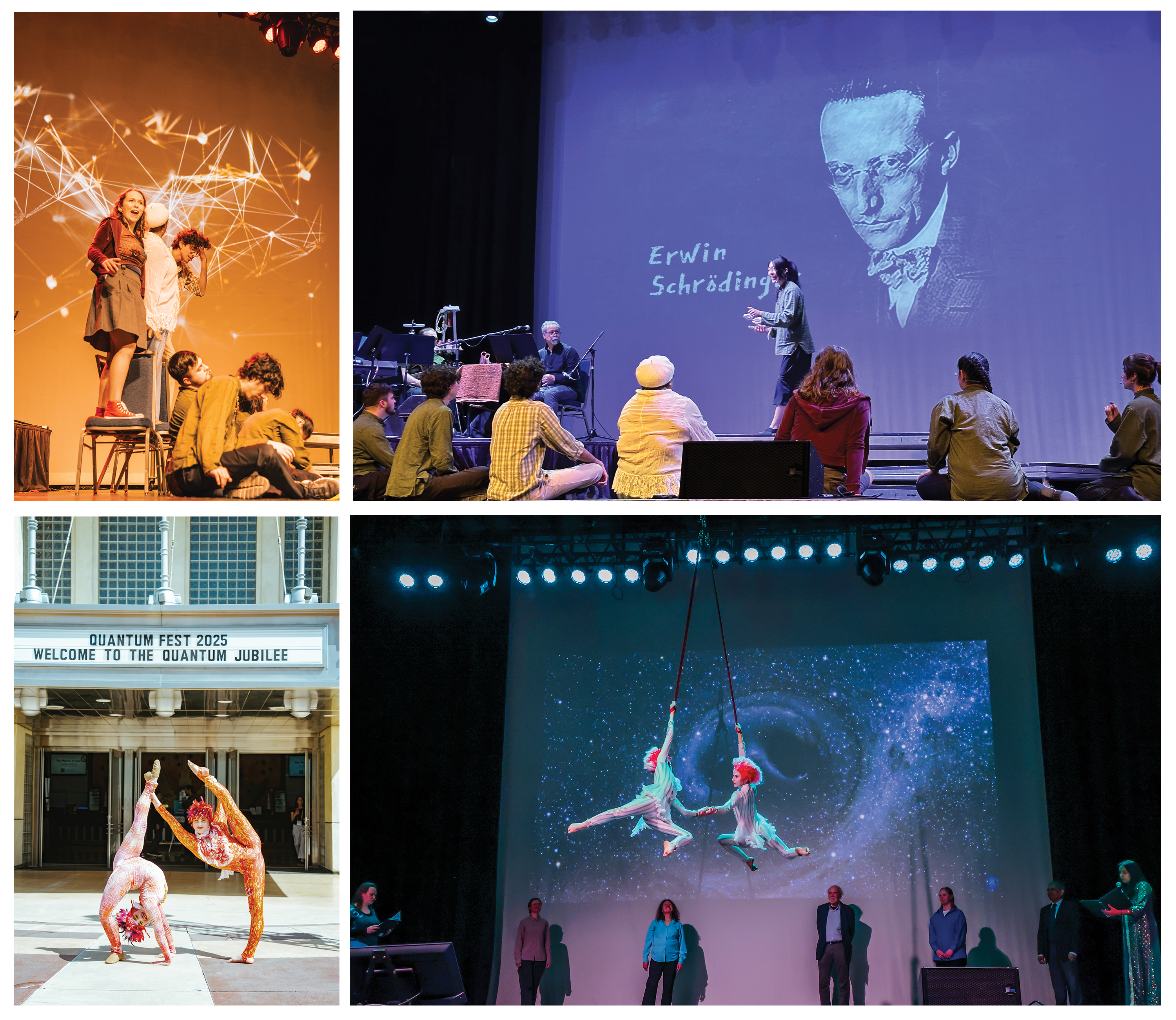 Four images from Quantum Jubilee, a public event at the American Physics Society’s Global Physics Summit. Two of the images show performers in Quantum Voyages. The other two show acrobats: One shows two Le Petit Cirque performers at the theater entrance; the other shows two hanging from rings as they swirl above physicists presenting on stage.