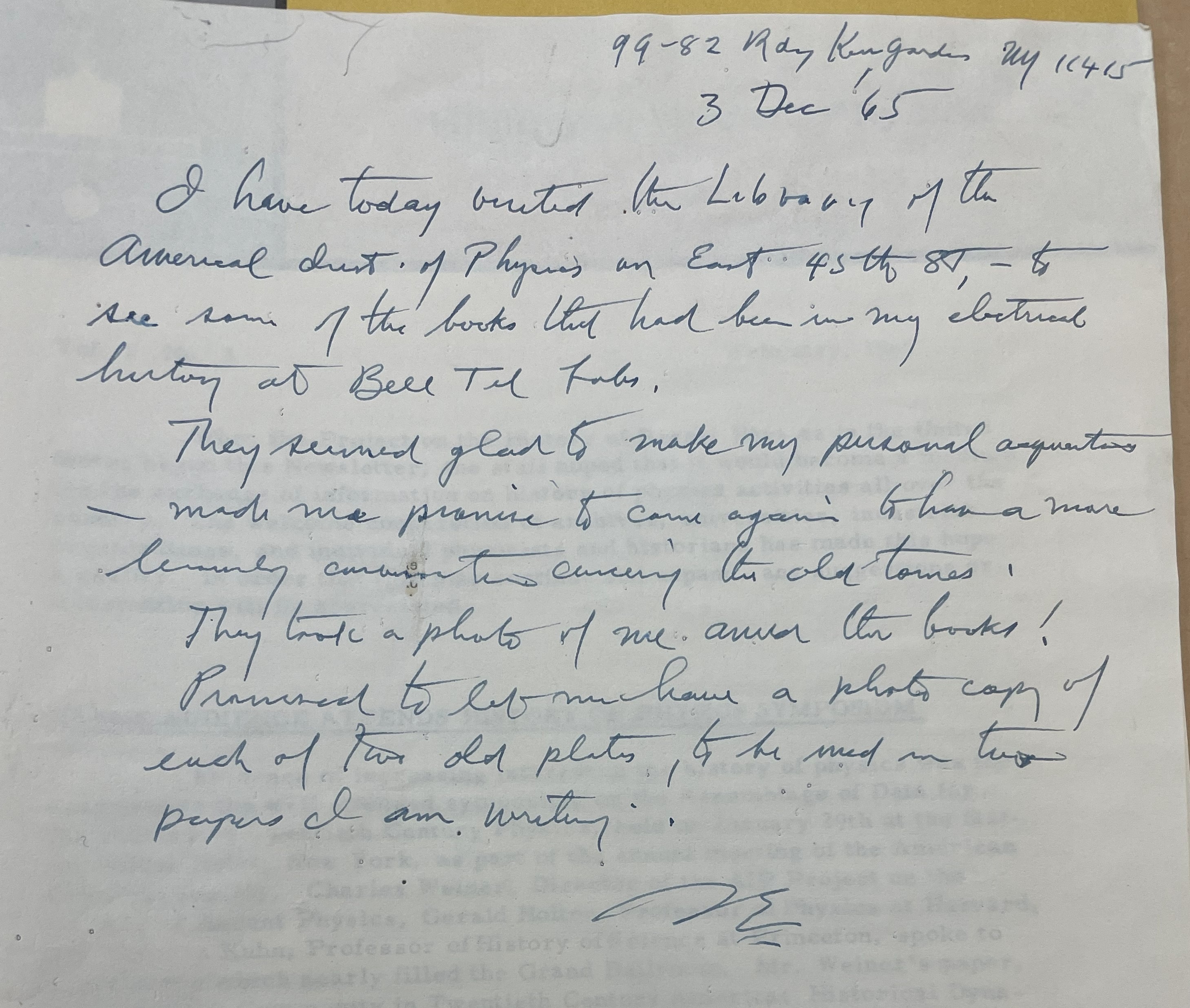 Handwritten note dated 3 December 1965 describing Espenschied's visit to the library.