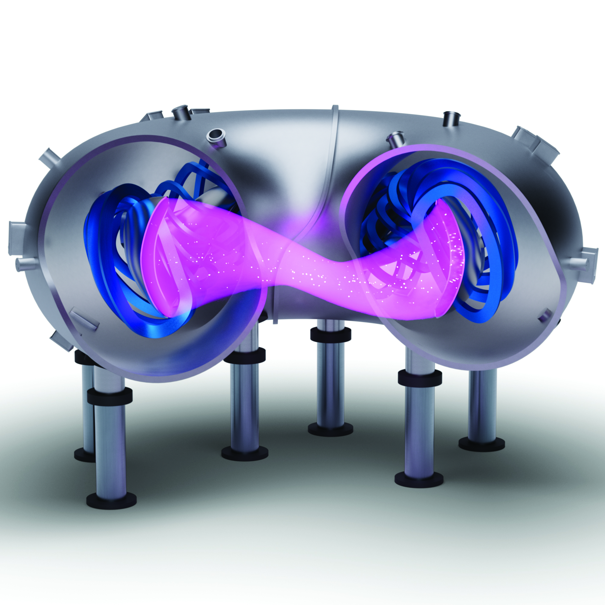A schematic of a stellarator showing the vessel, a complicated magnet arrangement, and confined plasma.