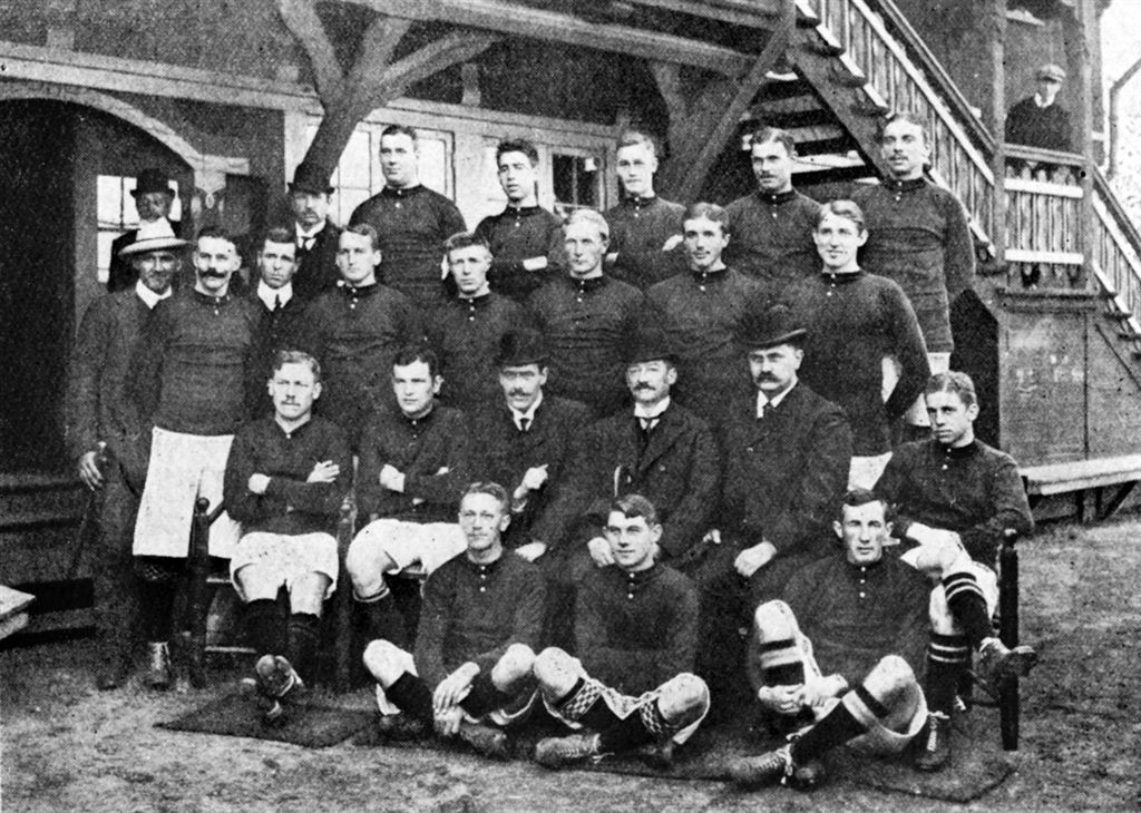 Group portrait of the Danish national football team at the 1908 London Olympics.