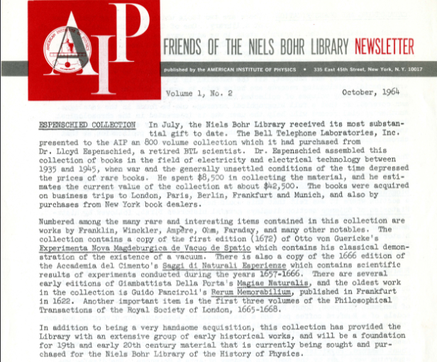 Screenshot of first page of the AIP newsletter with an article on the Espenschied Collection