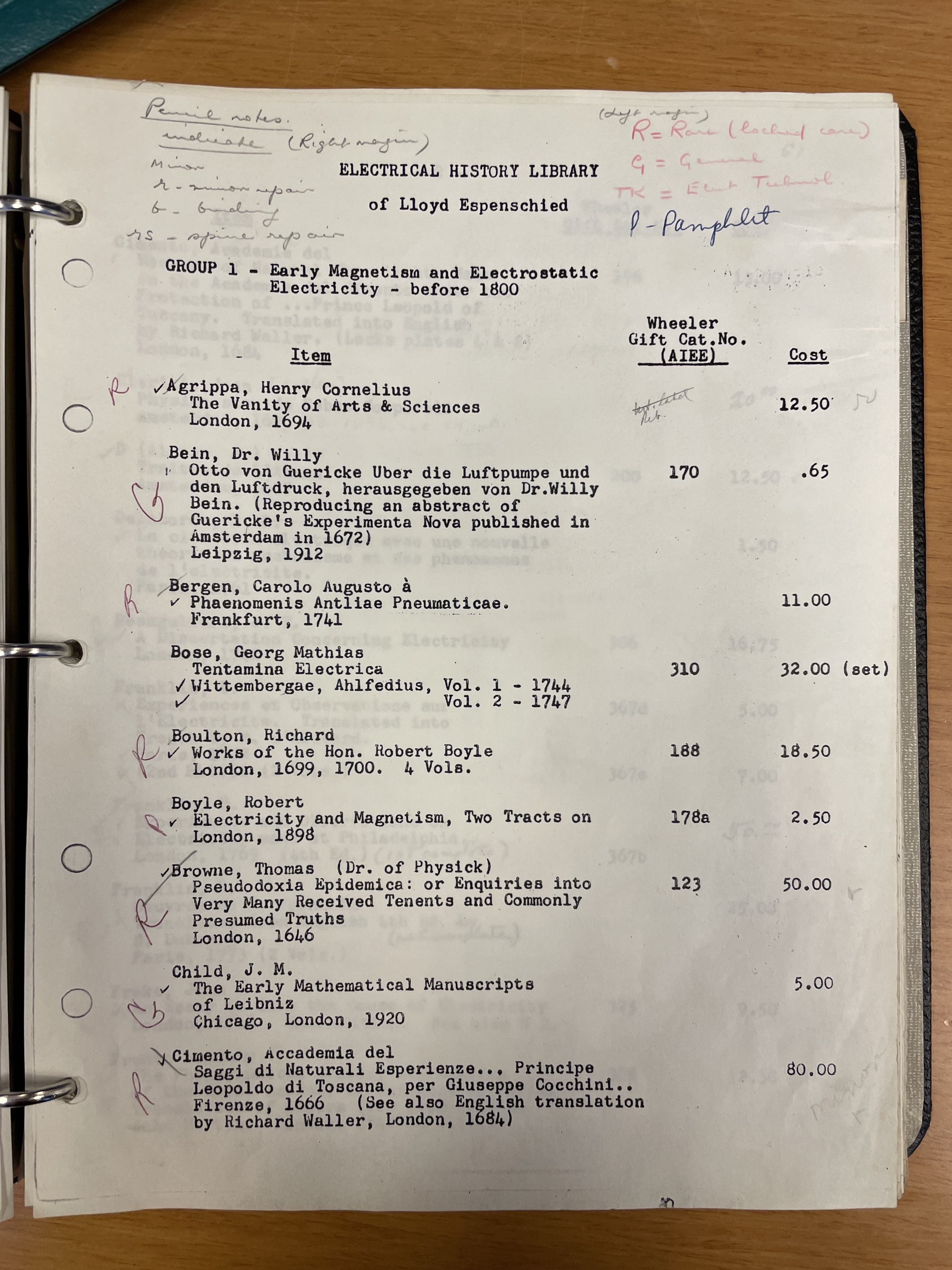 Typed page of titles and prices of books entitled "Electrical History Library of Lloyd Espenschied" at the top. Annotations in pencil and colored are keyed at the top with R=Rare, G=General, which correspond to letters next to individual titles. 