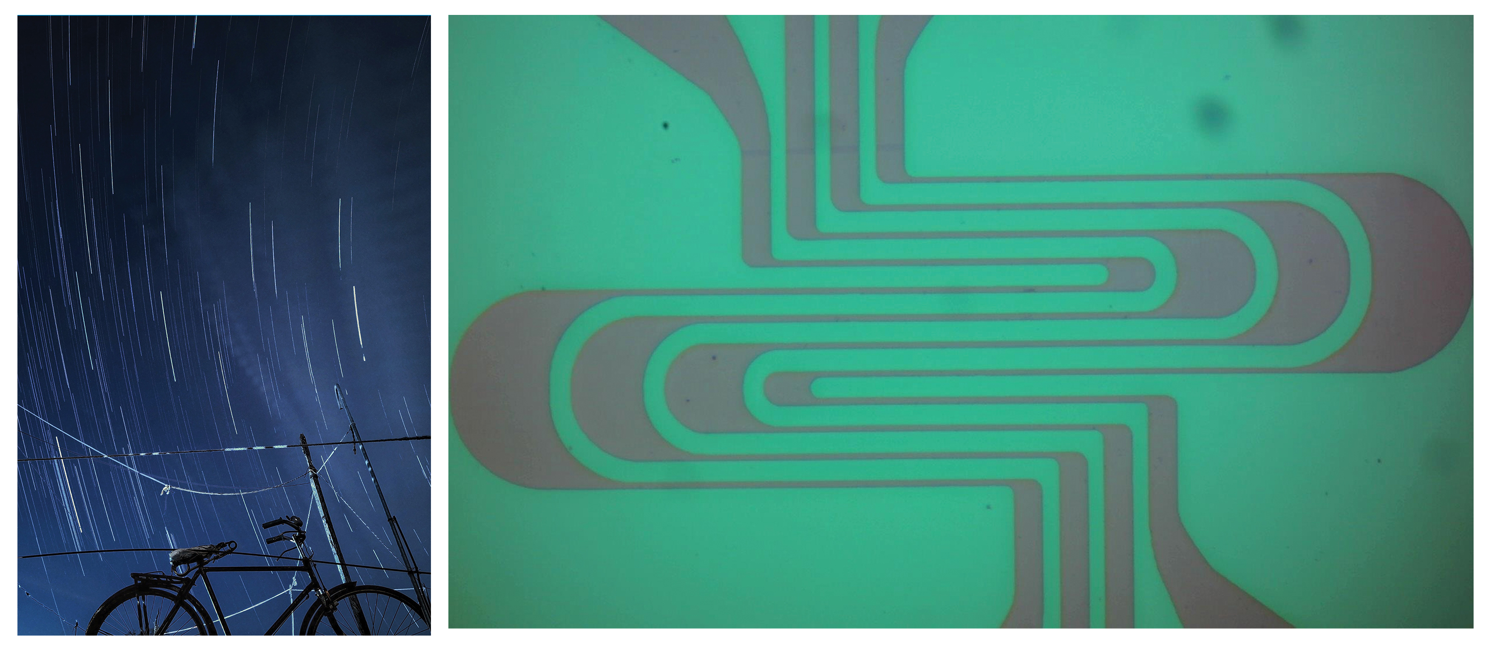 Two photos that took prizes in a quantum themed photo contest. One shows a bicycle against a background of star streaks from a long exposure. The other shows a superconducting microstrip detector.