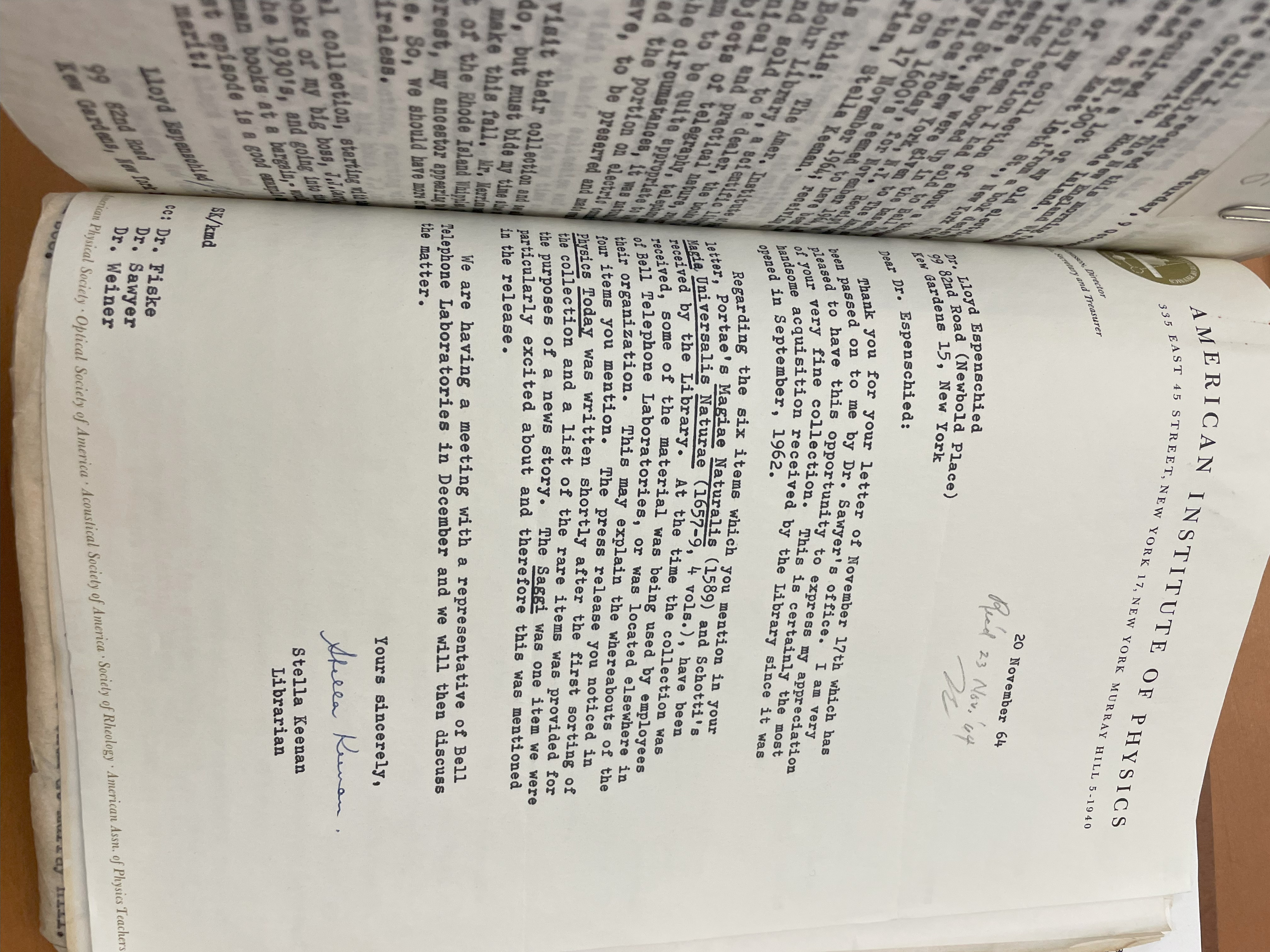 Typed letter on AIP letter head addressed to Dr. Lloyd Espenschied responding to his inquiries about his collection. Signed by Stella Keenan, Librarian. 