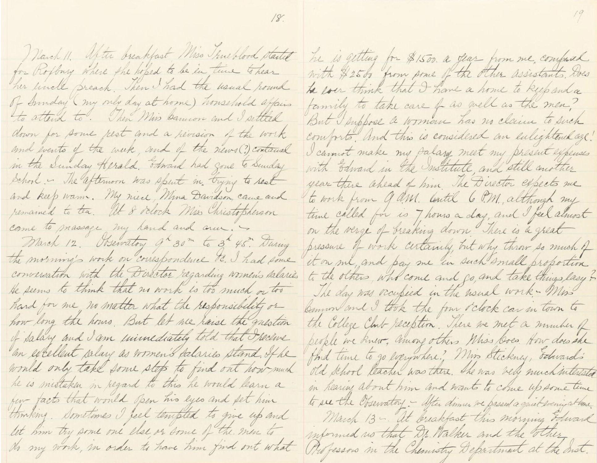 Williamina Fleming March 1900 diary pp 18-19