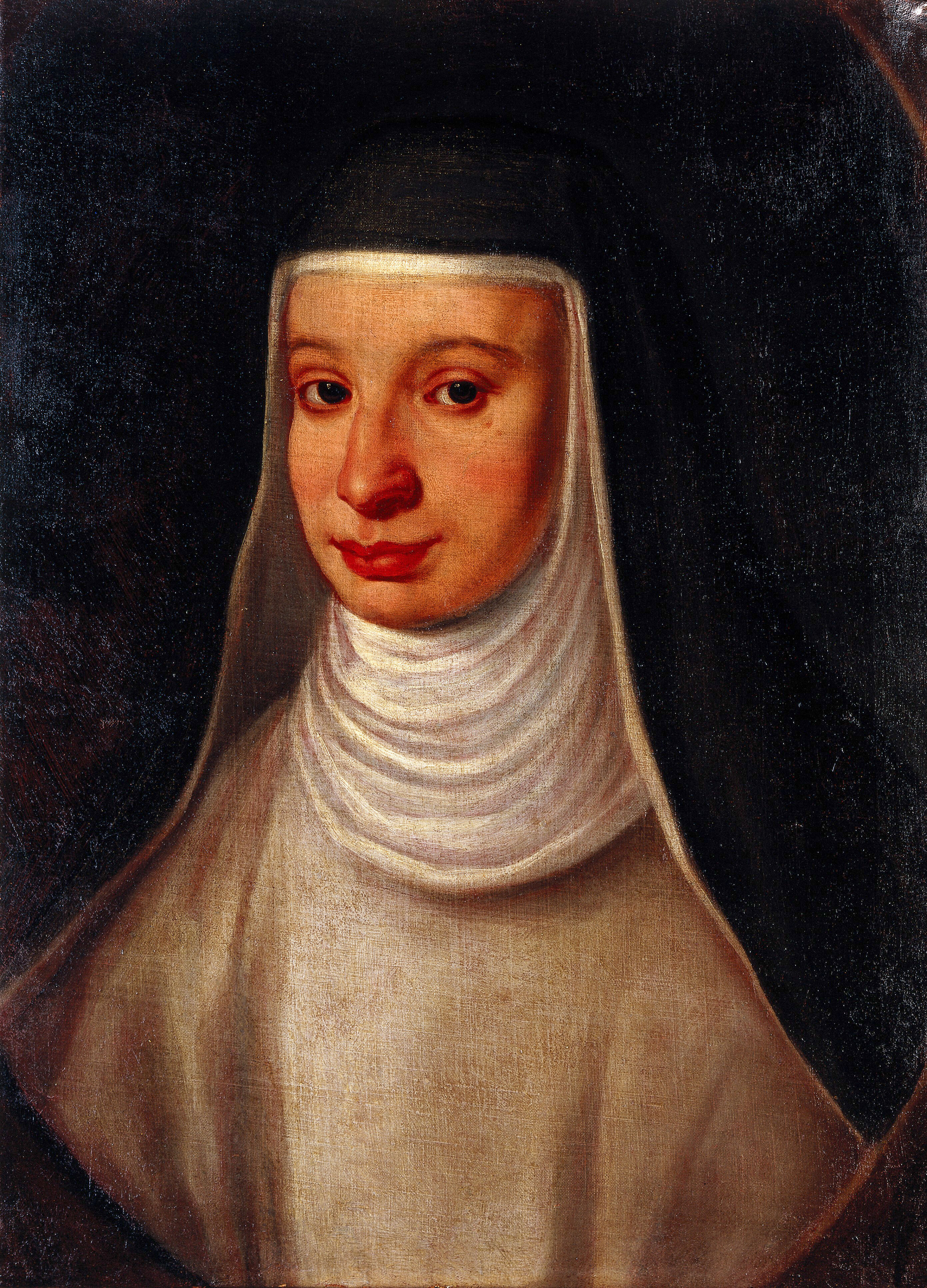 Oil painting of a young woman in a nun's hood.