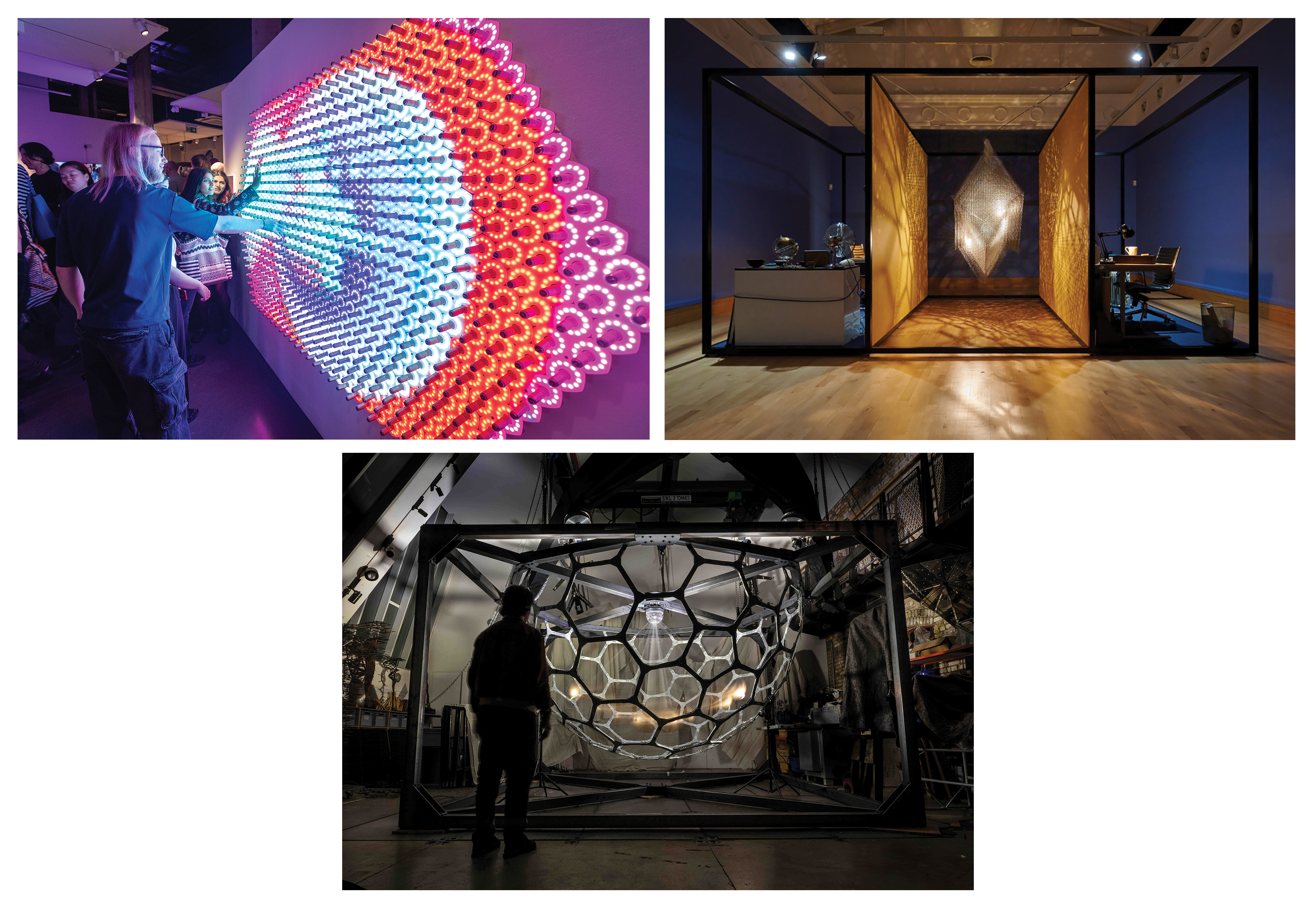 Three artworks from an exhibition.