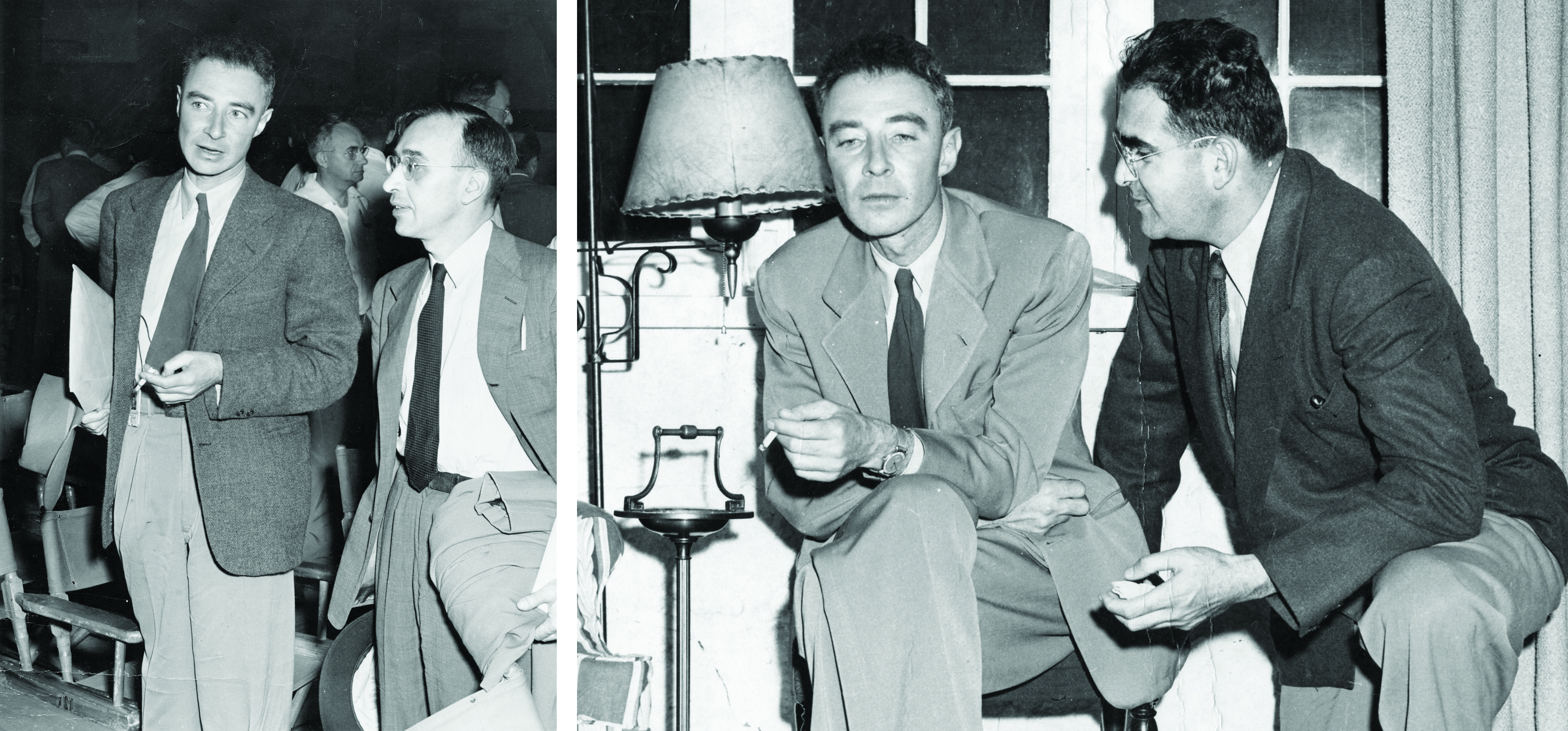 Two photos of J. Robert Oppenheimer talking to a fellow scientist.