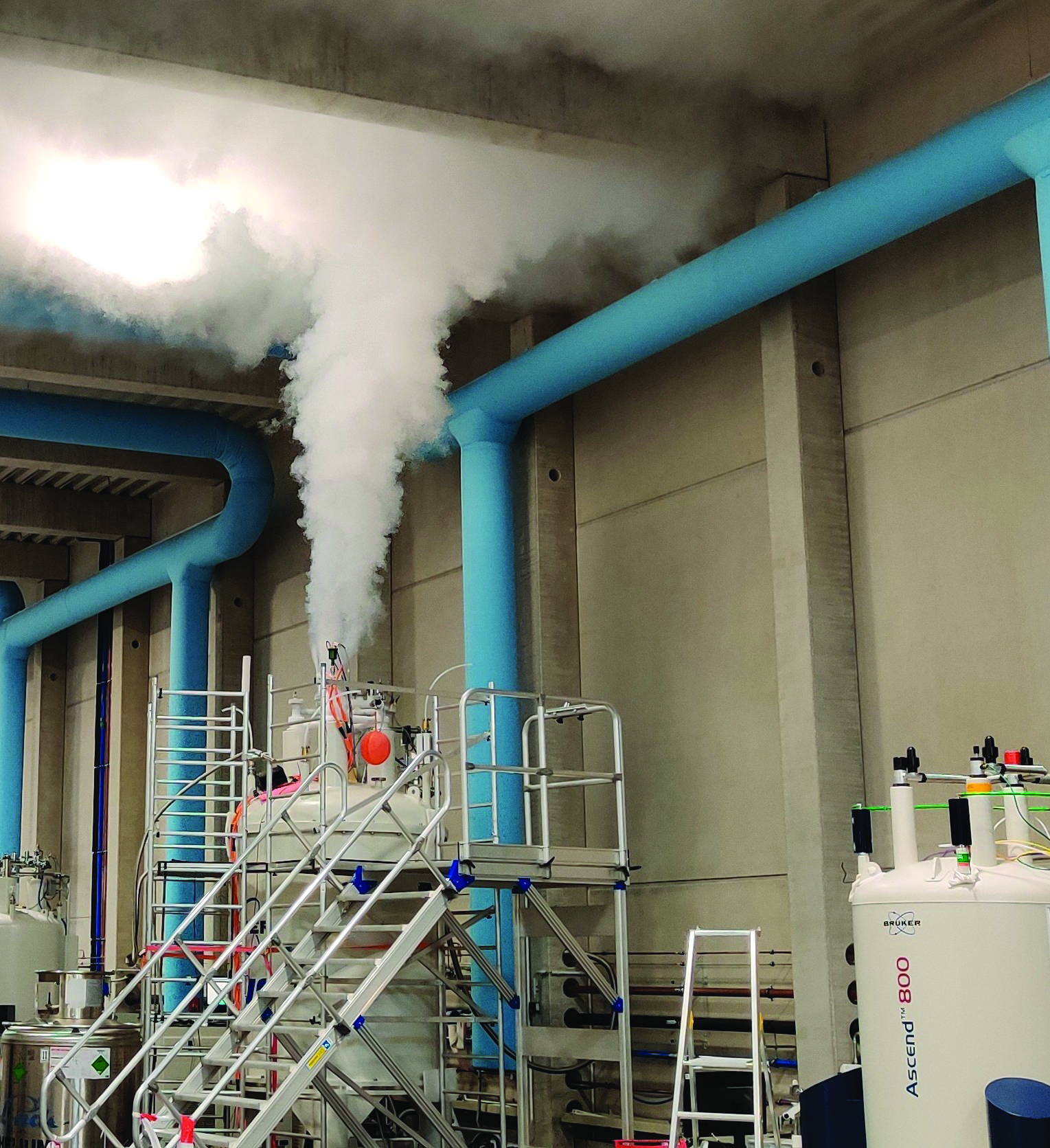 An NMR machine with white gas emerging. 