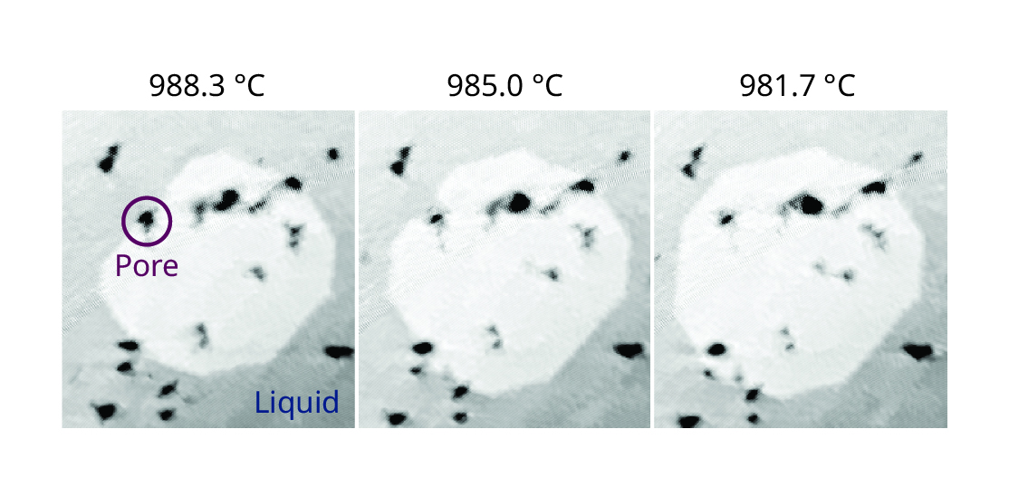 A series of three images show the distortion and recovery of a 10-sided quasicrystal as it encounters obstacles.