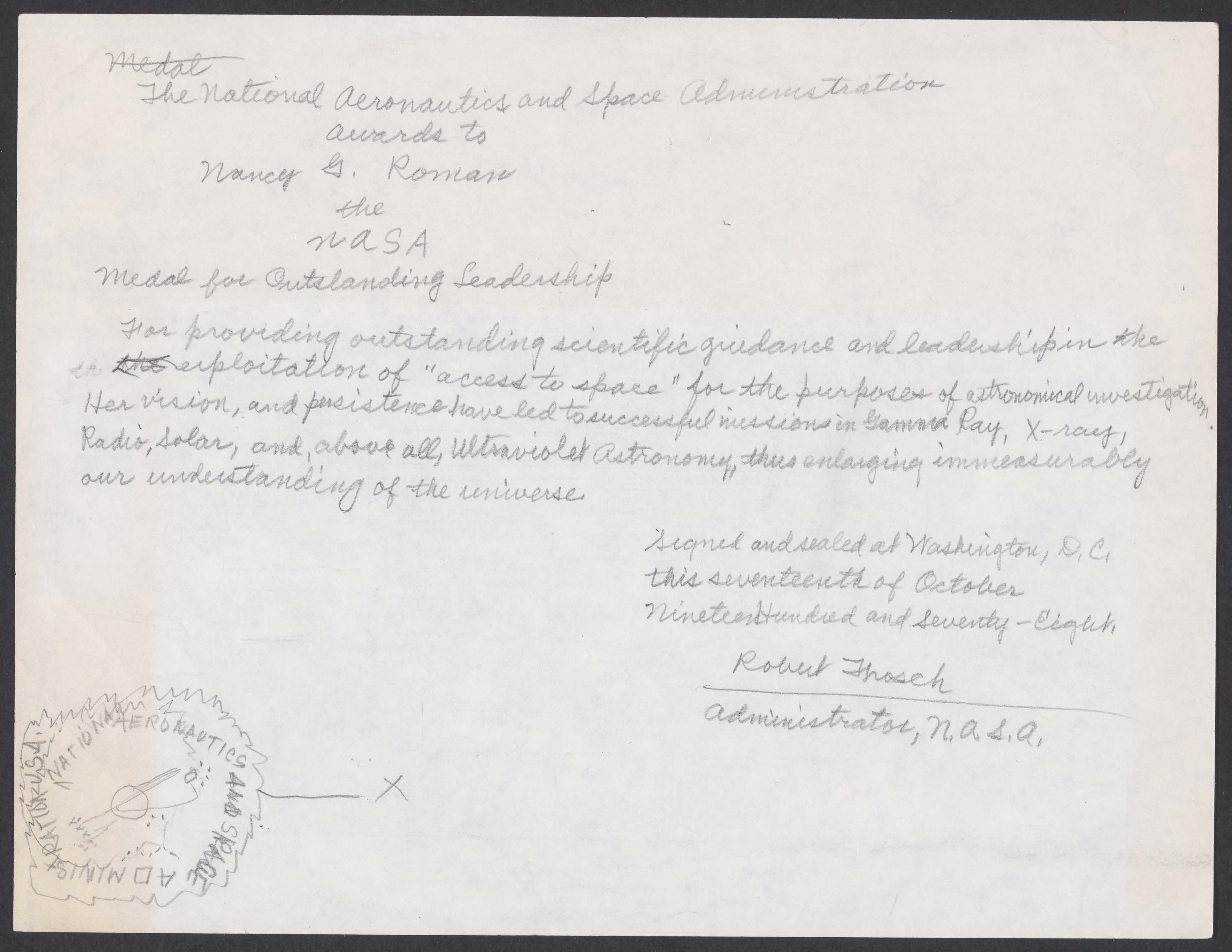 Handwritten copy of a certificate for Nancy G. Roman for Medal of Outstanding Leadership
