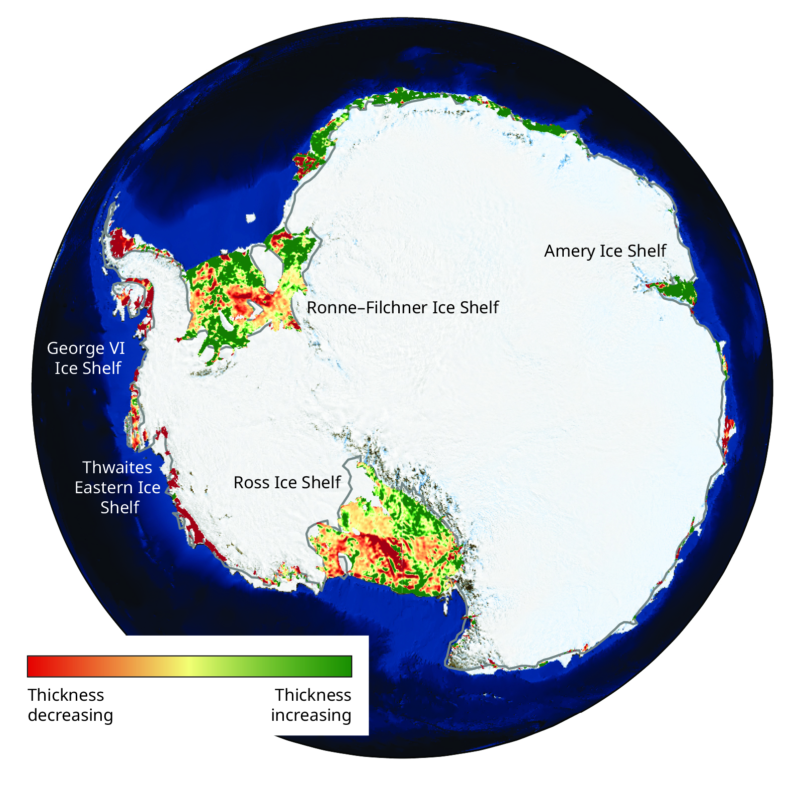 An image of Antarctica with the continent itself colored white, the surrounding ocean colored blue, and ice shelves colored from red to green.