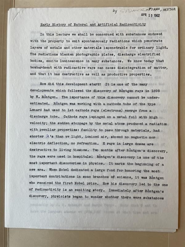 Typescript page of lecture entitled "History of Artificial and Natural Radioactivity"