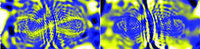 Two yellow–blue patterns that result from quantum chaotic behavior in a quantum dot on a sheet of graphene.
