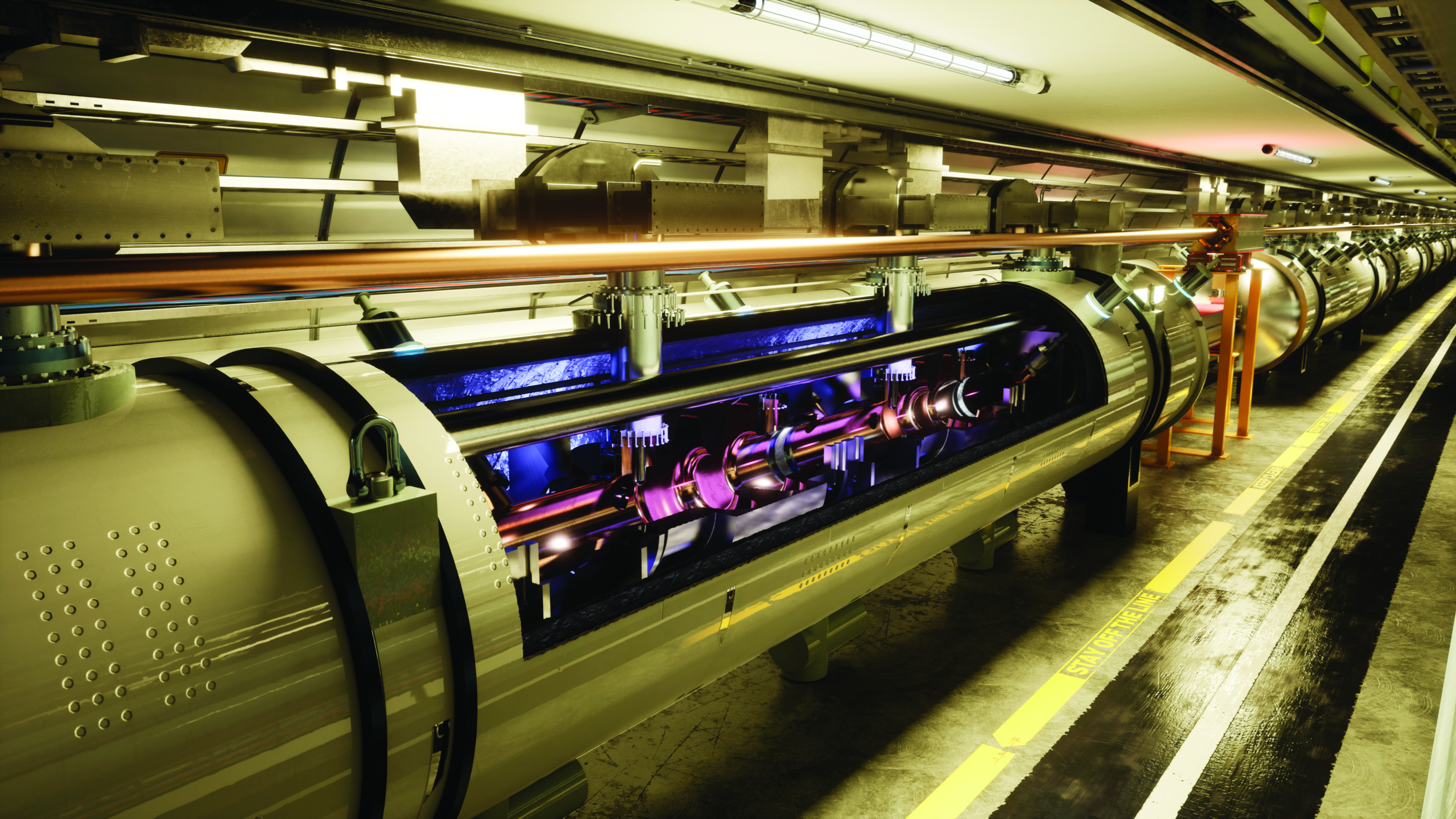 A rendering showing a connected series of cylinders in a tunnel. 