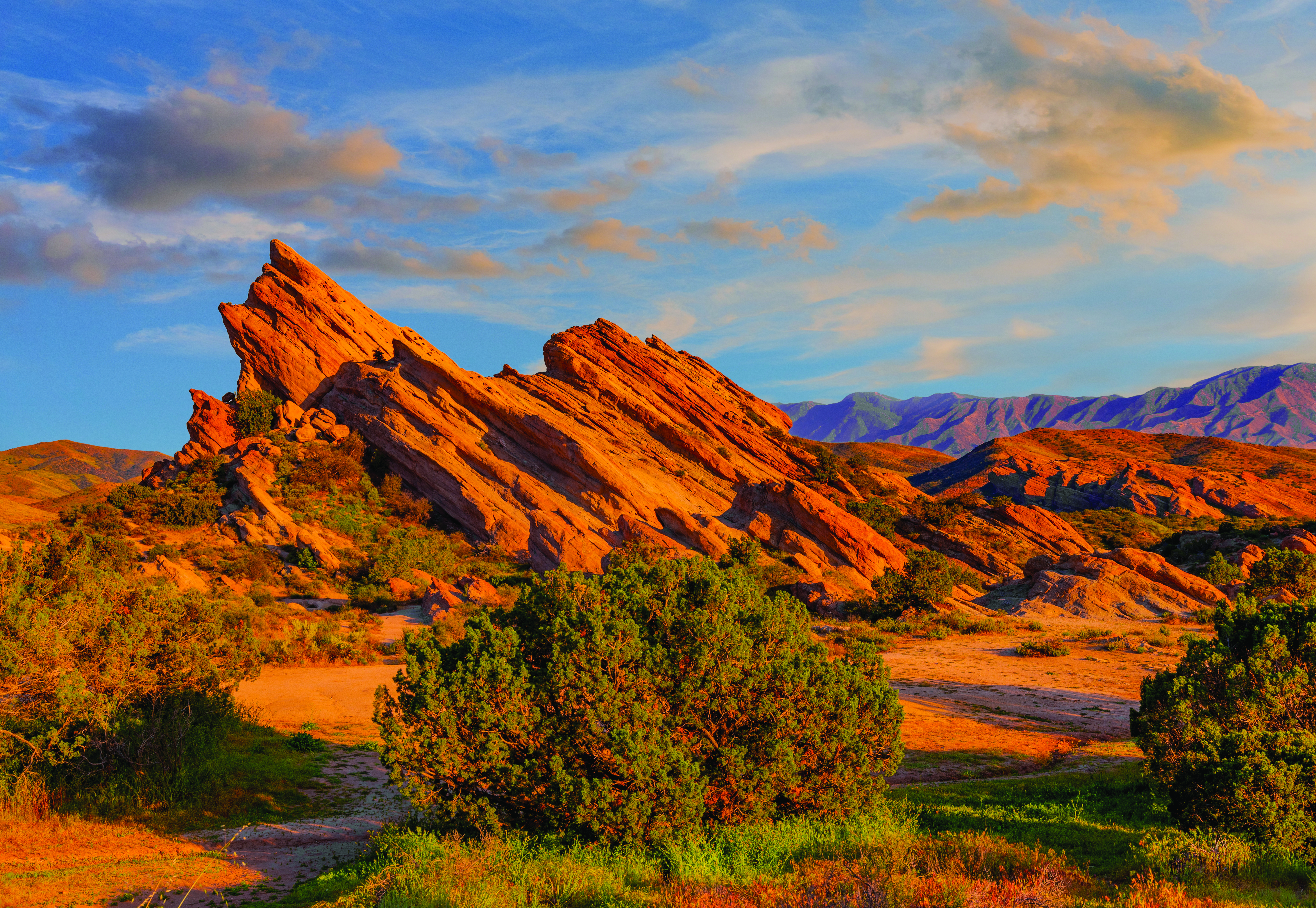 Jagged rocks jut out diagonally from the ground. Bushes are in the foreground.