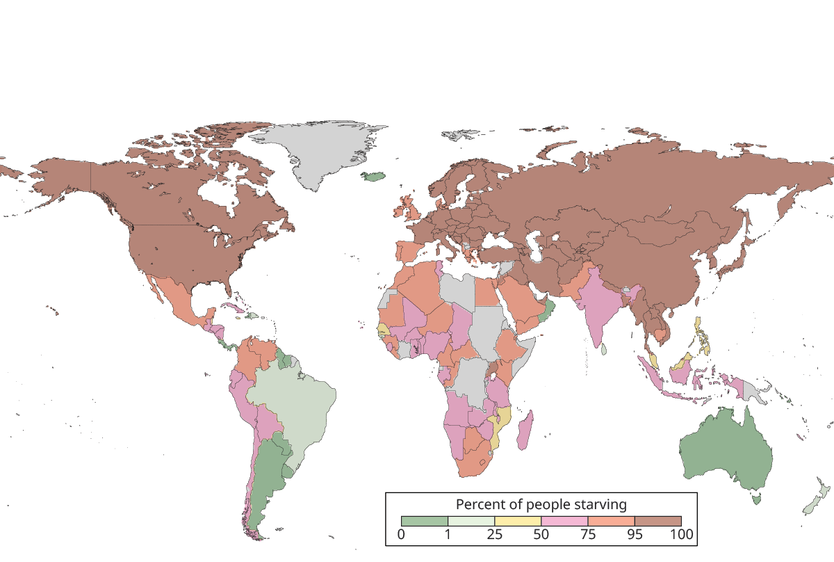 A colored map of continents shows the percentage of people who would starve as a result of a large nuclear conflict. North America, Asia, and Europe would have the majority percentage of starving people.