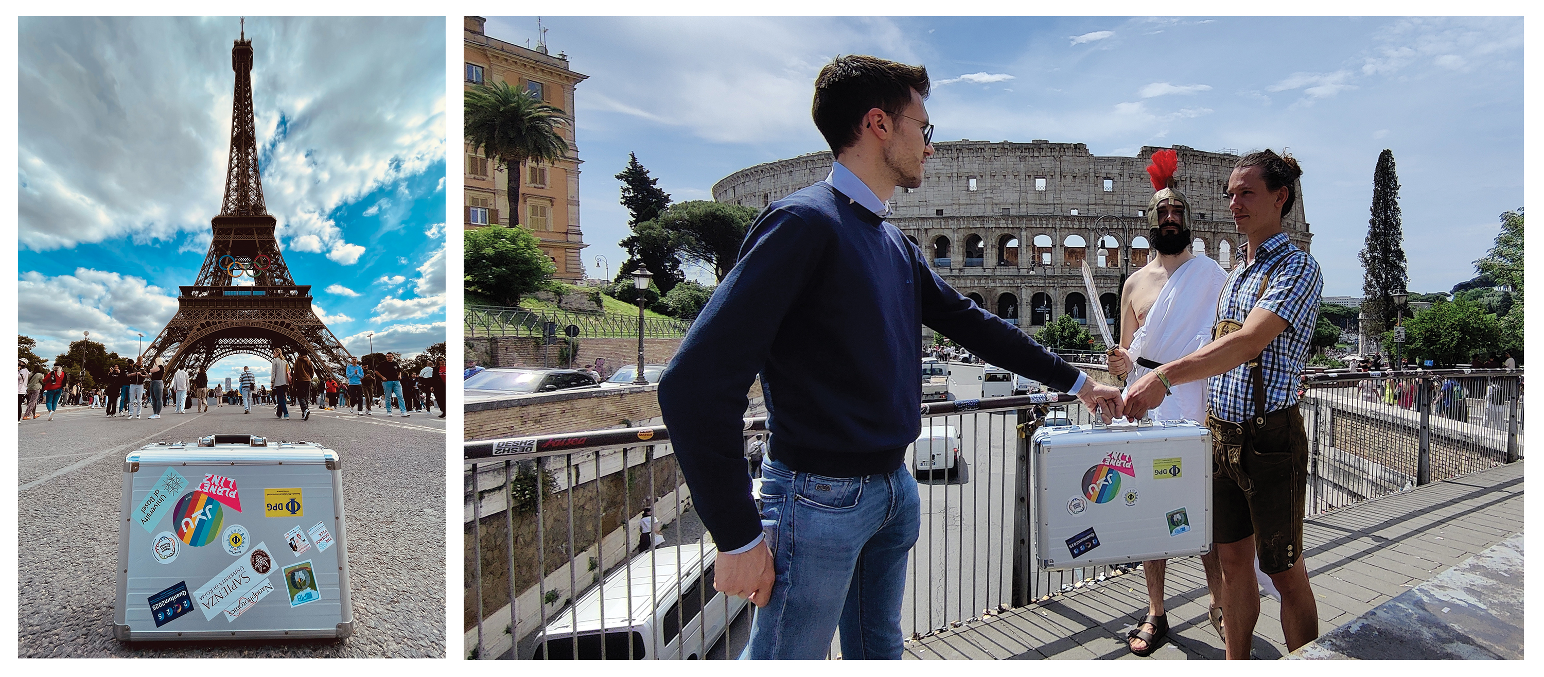 A pair of photos depicts the travels of a suitcase. In Rome, the suitcase is being handed from one man to another. In Paris, the suitcase sits on the ground with the Eiffel Tower in the background.