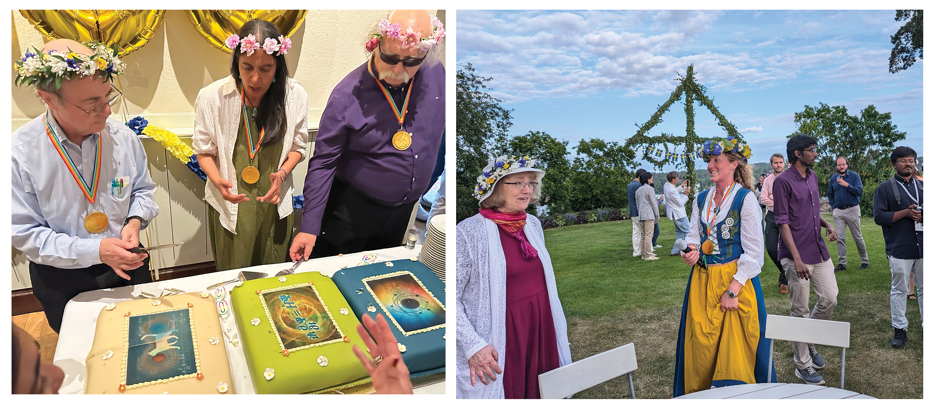 Three people with flowers on their heads cut colorful cakes. In a related image, people are outside for a solstice celebration.