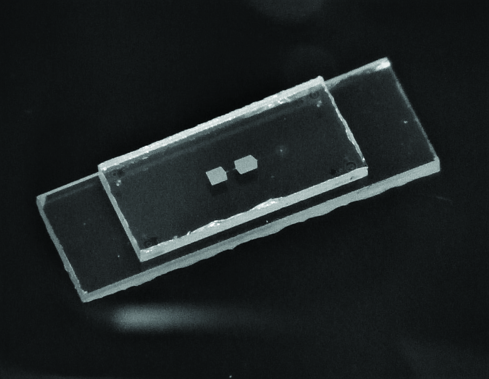 A clear rectangle of sapphire has two small rectangles on top and sits on top of a larger rectangular sapphire chip.