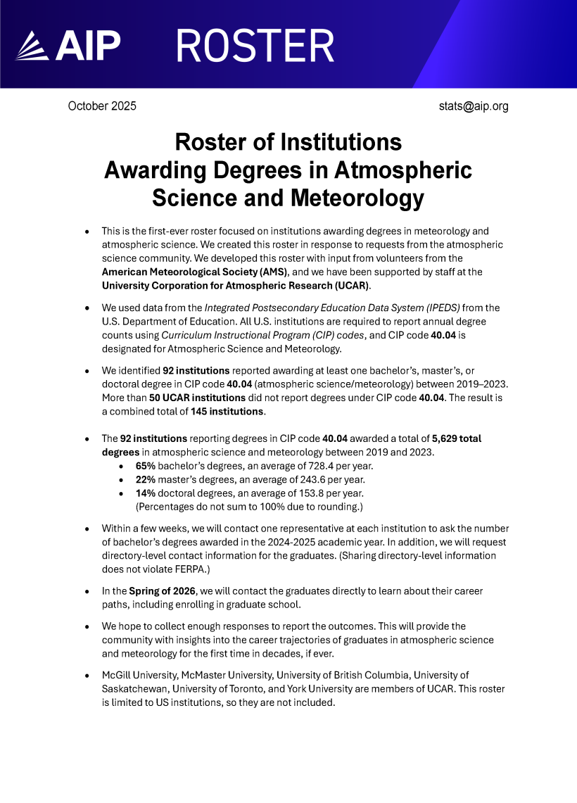 Roster of Institutions Awarding Degrees in Atmospheric Science and Meteorology Cover