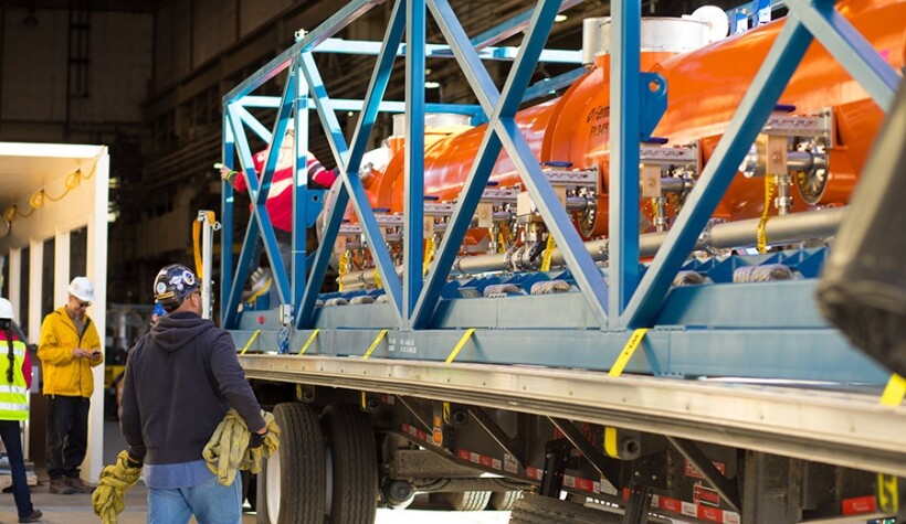 The first cryomodule for the LCLS-II facility was delivered from Fermilab to SLAC National Accelerator Laboratory in January.