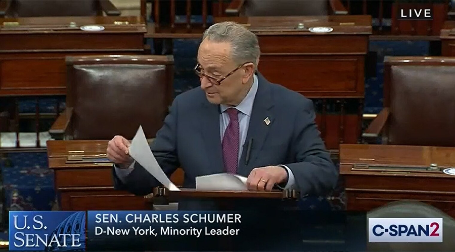 Senate Minority Leader Chuck Schumer speaking on the Senate floor on May 21.