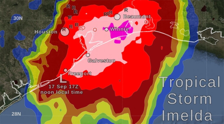 Rain estimates for Tropical Storm Imelda, which struck the Texas coast last week.
