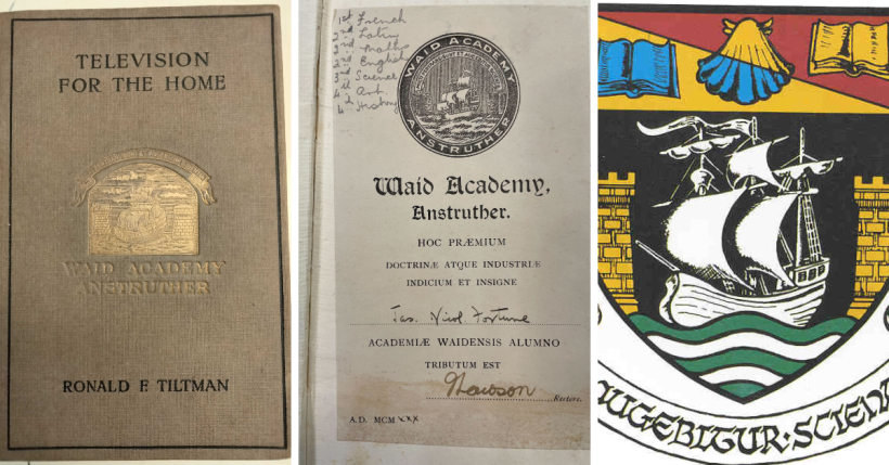 Three images, left to right: book with brown cover and gold stamp, pasted in prize page, and colorful seal