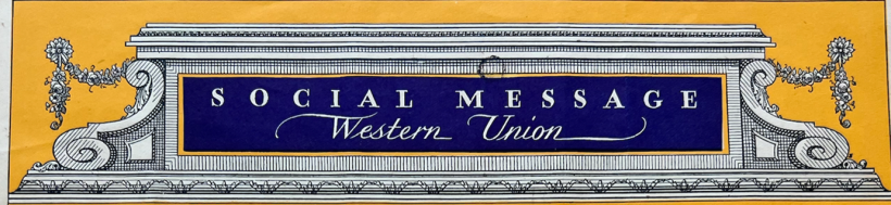 yellow background with an ornate column reading "Social Message Western Union"
