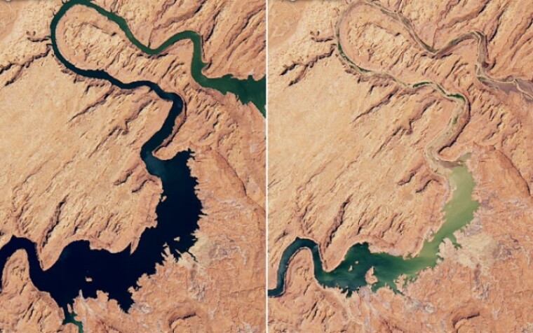Landsat images showing the drought-driven shrinking of Lake Powell on the Utah–Arizona border between 2017 and 2022.