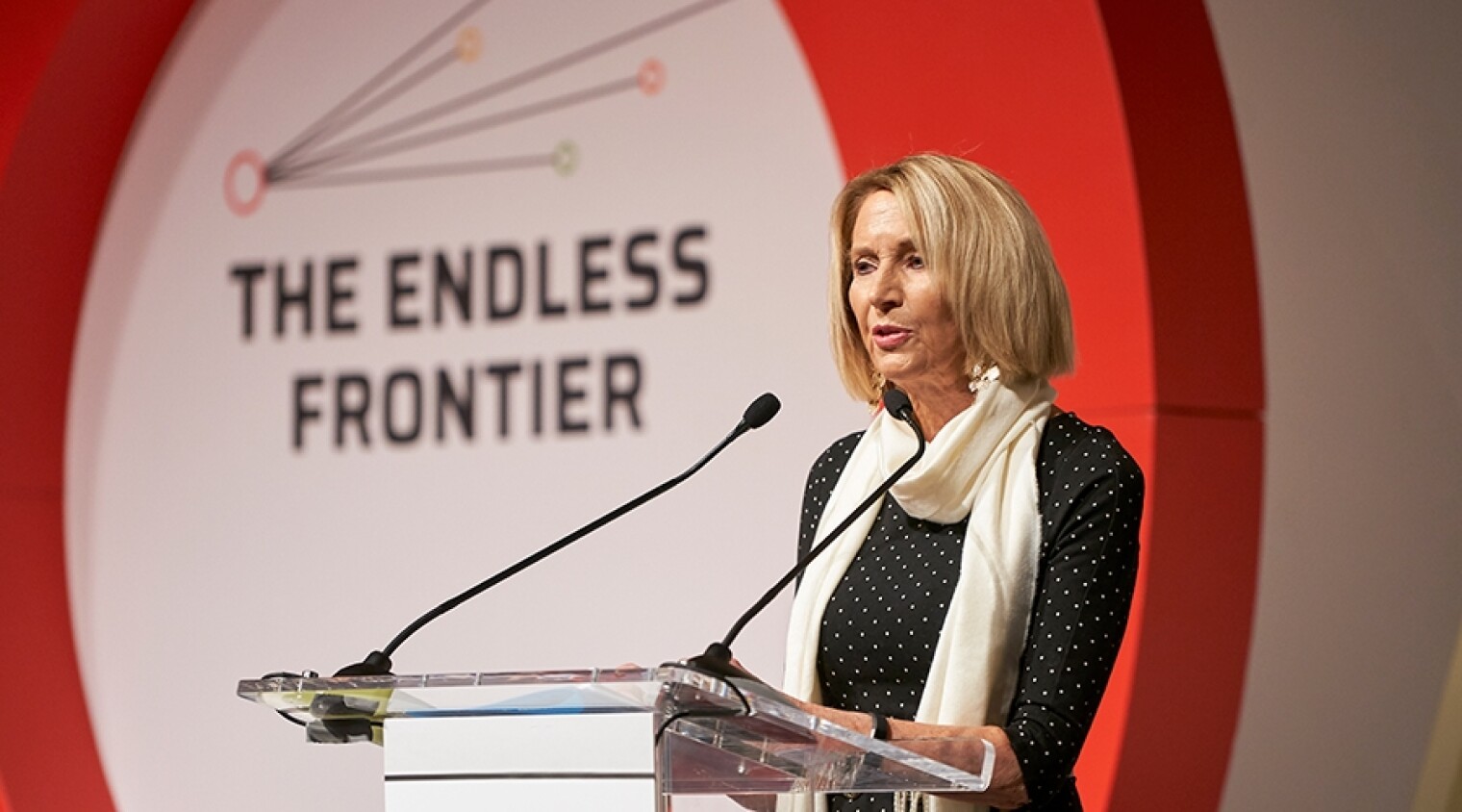National Academy of Sciences President Marcia McNutt speaking at a February symposium marking the 75th anniversary of the landmark 1945 report, Science — The Endless Frontier.