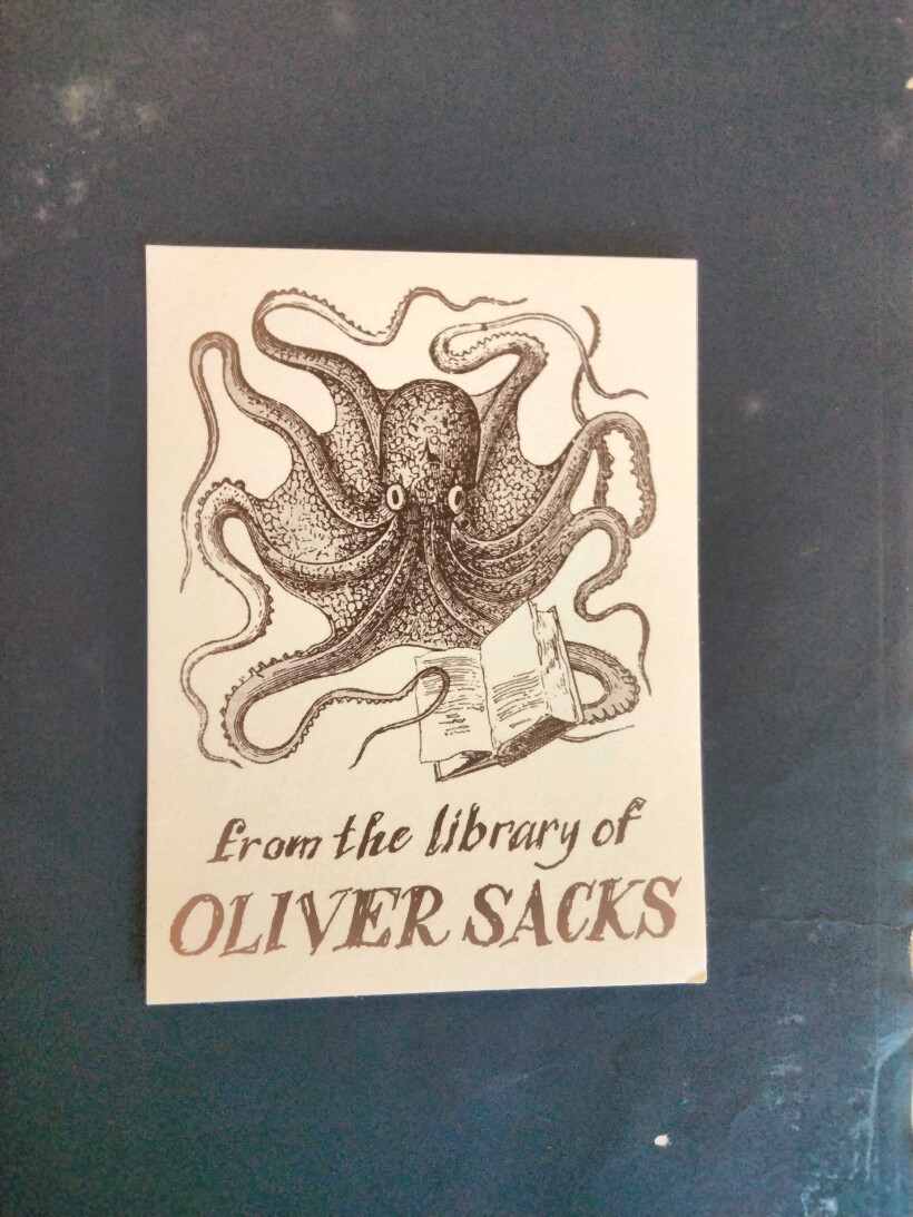 blue background with octopus bookplate - from the library of Oliver Sacks