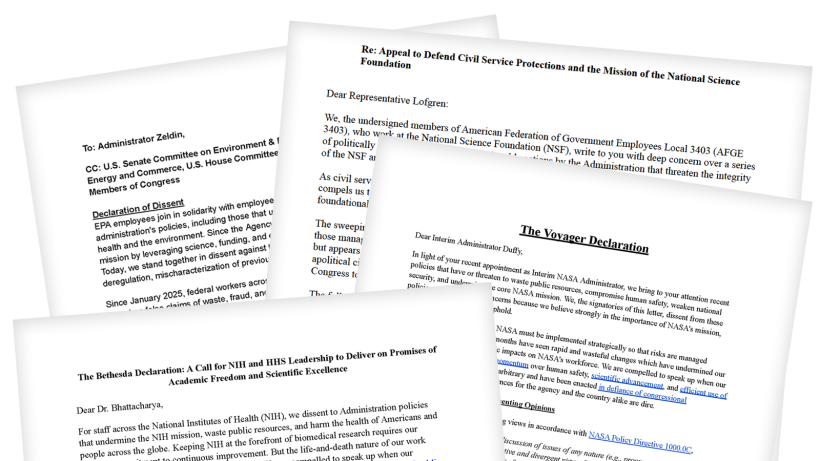 A composite image of dissent letters sent by NIH, NASA, NSF, and EPA staff.