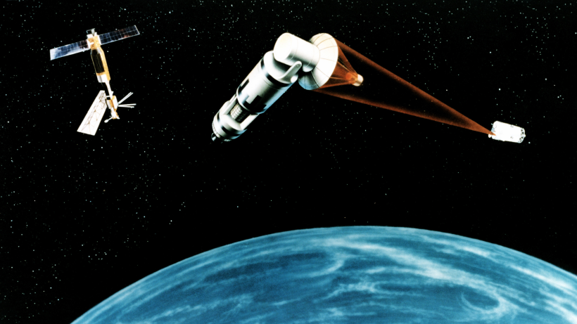 An artist's concept of a laser-equipped satellite envisioned by President Ronald Reagan’s Strategic Defense Initiative in the 1980’s.