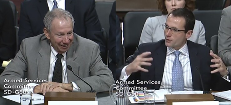 Mike Griffin, left, and Will Roper, right, testify at their confirmation hearing before the Senate Armed Services Committee.