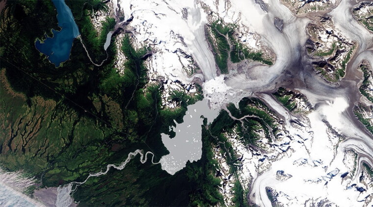 An image of the Yakutat Glacier in Alaska captured by Landsat 8 in 2013. The glacier is one of the fastest-retreating in the world due to a combination of natural and anthropogenic factors.