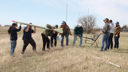 The Southwestern Oklahoma State University Physics Club prepares a rocket for launch in the Argonia Cup Rocketry Competition in Argonia, Kansas, in March 2021. The club earned second place.