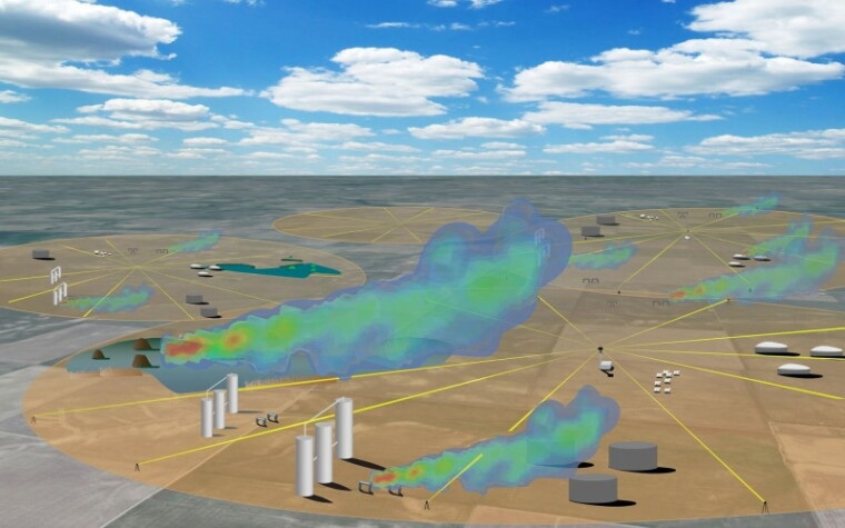An illustration showing green plumes of gas rising from an oil field