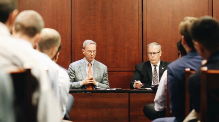 Former Google CEO Eric Schmidt and former deputy secretary of defense Bob Work co-chair a 2019 meeting of the National Security Commission on Artificial Intelligence.