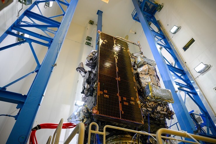 GOES-T, the third in a series of next-generation geostationary weather satellites, underwent vibration testing at a Lockheed Martin facility in Colorado.