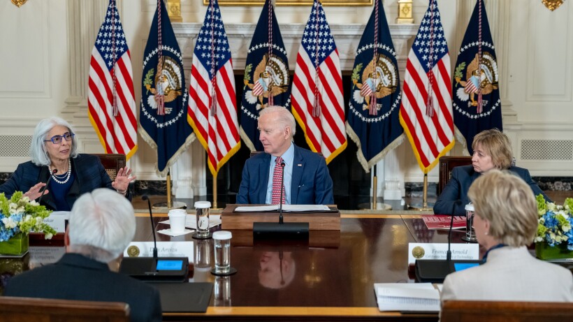 PCAST co-chairs Arati Prabhakar, left, Maria Zuber, right, and Frances Arnold, right foreground, at a meeting with President Biden in April 2023.